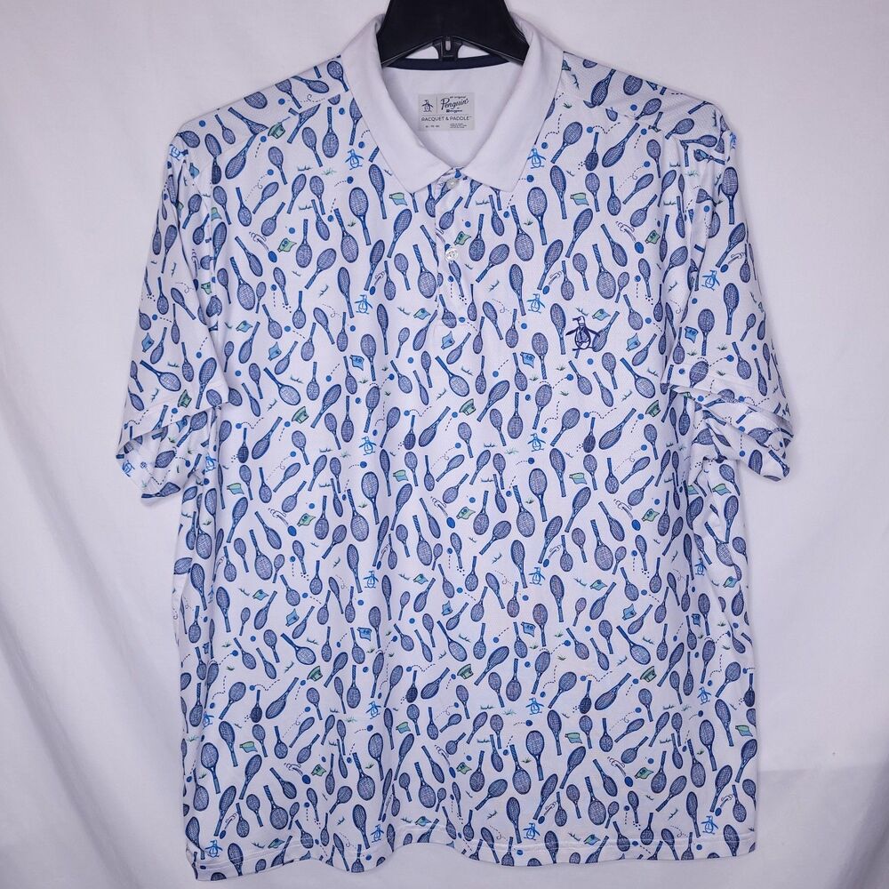 Penguin Racquet & Paddle Polo Shirt Mens XL White, Blue